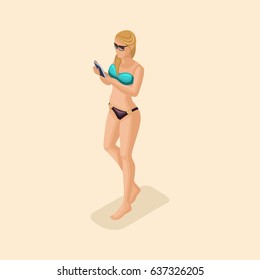 Trendy isometric vector people, 3d girl blonde in a bright bathing suit, wearing glasses goes along the beach with a smartphone, internet vector illustration.