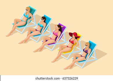 Trendy isometric vector people, 3d girls on a sandy beach, on deckchairs sunbathing. Set of girls in different swimwear for beach vector illustration.