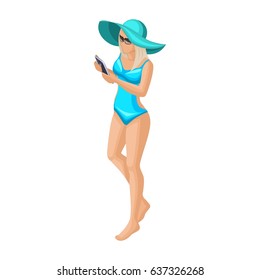 Trendy isometric vector people, 3d girl blonde in blue bathing suit, in hat and glasses is walking along the beach vector illustration.