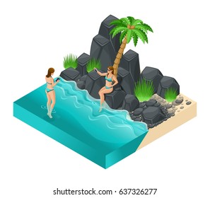 Trendy Isometric vector people, 3d girls on a stone beach in bathing suits sunbathing. Holiday, tour, travel, palm trees vector illustration.