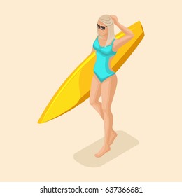 Trendy isometric vector people, 3d girl blonde in a turquoise swimsuit, wearing glasses goes along the beach with a yellow surfboard vector illustration