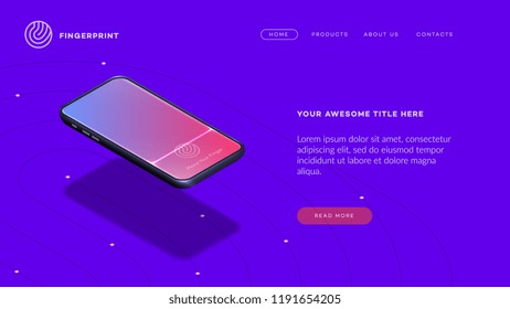 Trendy Isometric Vector Smartphone. Web Template For Header, Mobile App Mockup Or Banner With Isometric Mobile Phone. Finger Print App Showcase.