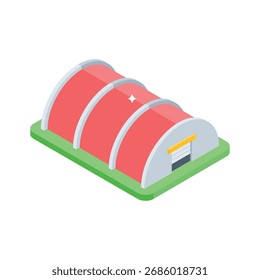 Trendy Isometric warehouse building icon for logistics and storage operations.