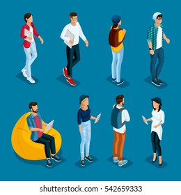 Trendy isometric young creative people, set 2 in stylish clothes with modern hairstyles. Freelancers students, hipsters isolated. Vector illustration.