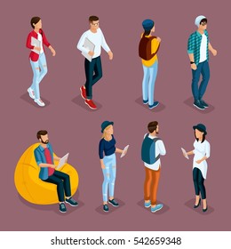 Trendy isometric young creative people, set 3 in stylish clothes with modern hairstyles. Freelancers students, hipsters isolated. Vector illustration.