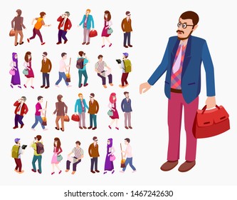 Trendy Isometric young people, teenagers and students. Creative people in the modern hipster clothing, shoes, jeans, hats, with modern gadgets, Freelancers on white background isolated. - Vector