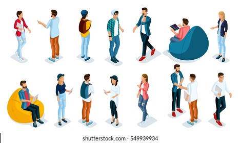 Trendy Isometric young people, teenagers and students. Creative people in the modern hipster clothing, shoes, jeans, hats, with modern gadgets, Freelancers on white background isolated.