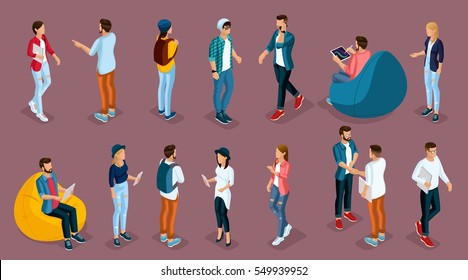 Trendy Isometric young people, teenagers and students. Creative people in the modern hipster clothing, shoes, jeans, hats, with modern gadgets, Freelancers on purple background isolated.