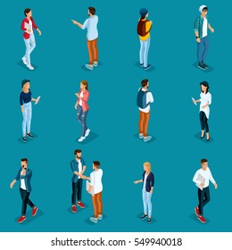 Trendy Isometric young people, teenagers and students. Creative people in modern dress hipster, modern gadgets, Freelancers isolated on bright background. Vector illustration