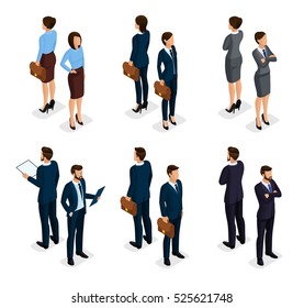 Trendy isometrics, isometric people. Businessmen, business woman in corporate clothing, stylish clothing. People behind a front view of visas, isolated on white background.