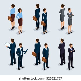 Trendy isometrics, isometric people. Businessmen, business woman in corporate clothing, stylish clothing. People behind a front view of visas, standing posture. Vector illustration.