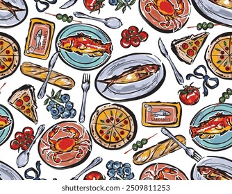 Trendy Italian food , pizza , Sea food ingredients. Spaghetti Fruits background.  seamless pattern. Vector illustration.,Design for fashion , fabric, textile, wallpaper , wrapping and all prints