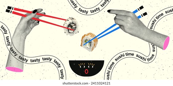 Trendy Japanese food banner in retro collage style. Hands with halftone effect, Japanese chopsticks with rolls.Vector illustration for bar, restaurant, cafe, menu, social media advertising.