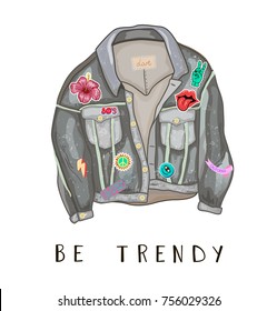 Trendy jeans jacket. Back and front side. Hipster street fashion. Hand drawn doodle style vector illustration