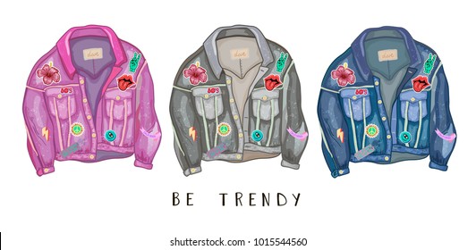 Trendy Jeans Jacket With Cartoon Style 80s 90s Color Patches And Badges.Hipster Street Fashion. Hand Drawn Doodle Style Vector Illustration.