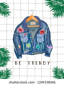 Trendy Jeans Jacket With Cartoon Style 80s 90s Color Patches And Badges.Hipster Street Fashion. Hand Drawn Doodle Style Vector Illustration.