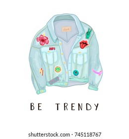 Trendy Jeans Jacket With Cartoon Style 80s 90s Color Patches And Badges.Hipster Street Fashion. Hand Drawn Doodle Style Vector Illustration. 