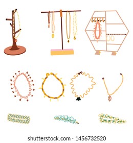 Trendy jewellery multiple chains, storage, bracelets and hair clips with pearls. Jewelry background. vector