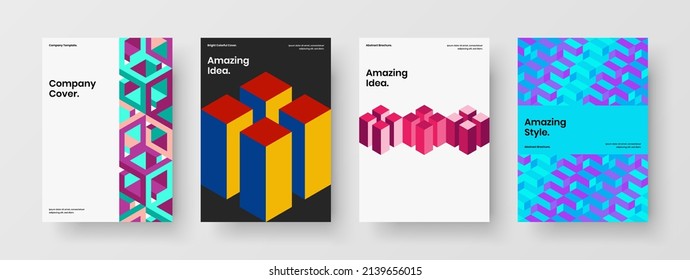 Trendy journal cover A4 design vector layout set. Bright mosaic hexagons flyer template collection.