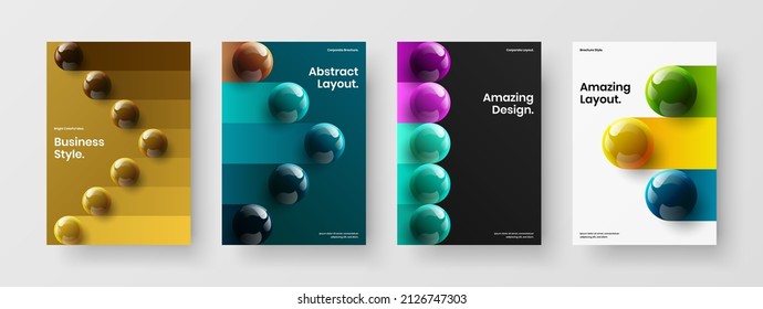 Trendy journal cover design vector illustration bundle. Colorful realistic spheres banner layout set.