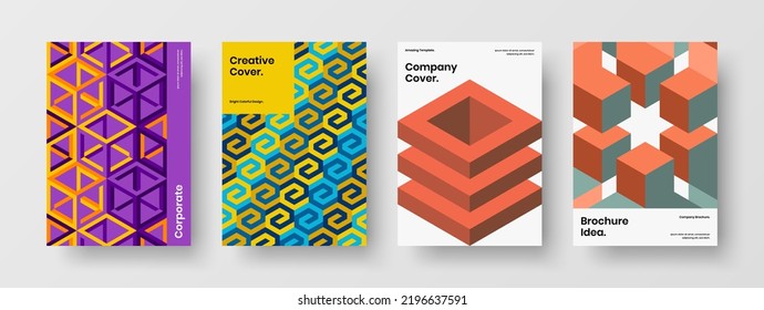 Trendy journal cover design vector concept set. Colorful mosaic pattern booklet template collection.
