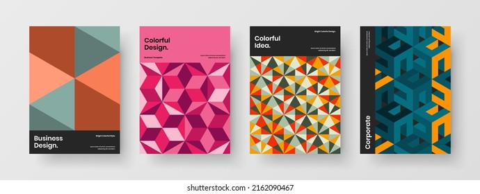 Trendy journal cover vector design template composition. Multicolored geometric tiles corporate identity concept set.