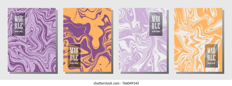 Trendy journal layouts set. Pattern for binder template, corporate flyers. Annual report cover marble layouts set. Flyer, magazine, report, journal, binder vectors in violet and orange, title place.
