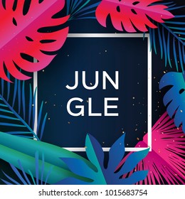 Trendy Jungle banner. Paper cut Tropical palm leaves, plants. Exotic. Hawaiian. Space for text. Square frame. Bright Colorful jungle floral background. Monstera.