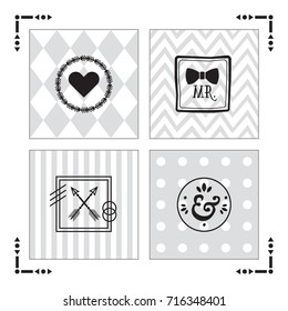 Trendy kids gray patterns with black emblems set on white background