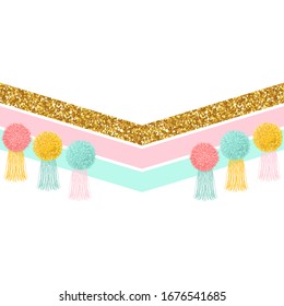 Trendy kids print with tassels and pompons. Vector hand drawn illustration.