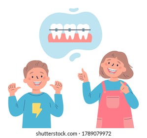 Trendy kids with teeth braces.Dental care.Teenagersr smiling and showing their smile with dental braces.Vector cartoon illustration isolated on white background.Colorful flat style.Character design.