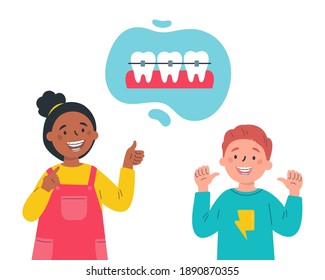 Trendy kids with teeth braces.Dental care.Teenagersr smiling and showing their smile with dental braces.Vector cartoon illustration isolated on white background.Colorful flat style.Character design.