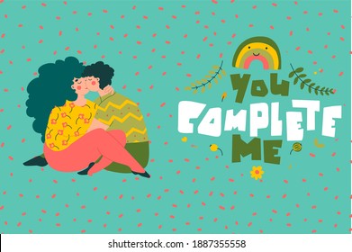 Trendy kiss couple Valentine's Day card, Cartoon style people vector illustration.