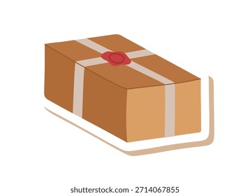 Trendy kraft present box sticker in flat style. Brown gift package in cardboard parcel form. Modern present as christmas box for holiday decor and parcel design, stylish sticker concept.