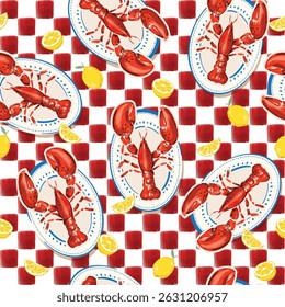 Trendy La dolce vita , whimsical style Italian  Red Lobster  Seamless pattern Illustration Vector  sketch NOT AI ,Vacation summer  on Red Gingham Check  ,Design for all kind to prints and Textile