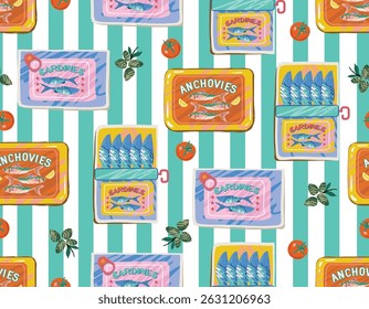 Trendy La dolce vita , whimsical style Italian . Sardines can fish  Seamless pattern Illustration Vector  sketch NOT AI ,  on Green Mint Striped ,Design for all kind to prints and Textile