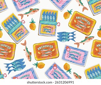 Trendy La dolce vita , whimsical style Italian . Sardines can fish  Seamless pattern Illustration Vector  sketch NOT AI ,  Vacation summer party  ,Design for all kind to prints and Textile
