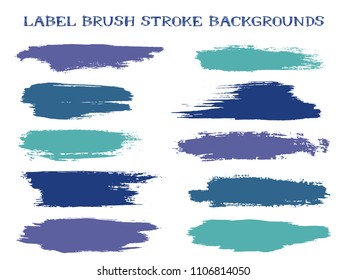 Trendy label brush stroke backgrounds, paint or ink smudges vector for tags and stamps design. Painted label backgrounds patch. Vector ink color palette samples. Ink dabs, teal blue indigo splashes.