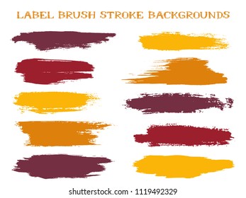 Trendy label brush stroke backgrounds, paint or ink smudges vector for tags and stamps design. Painted label backgrounds patch. Color combinations catalog elements. Ink dabs, yellow cherry splashes.