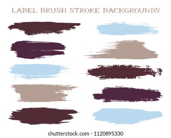 Trendy label brush stroke backgrounds, paint or ink smudges vector for tags and stamps design. Painted label backgrounds patch. Vector ink color palette swatches. Ink brown grey blue spots.
