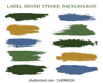 Trendy label brush stroke backgrounds, paint or ink smudges vector for tags and stamps design. Painted label backgrounds patch. Interior paint color palette samples. Ink smudges, stains, spots.
