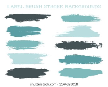 Trendy label brush stroke backgrounds, paint or ink smudges vector for tags and stamps design. Painted label backgrounds patch. Color combinations catalog elements. Ink dabs, blue black splashes.