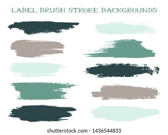 Trendy label brush stroke backgrounds, paint or ink smudges vector for tags and stamps design. Painted label backgrounds patch. Interior colors scheme swatches. Ink smudges, light and dark spots.
