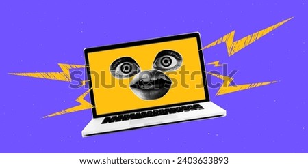 Trendy laptop collage with eyes and mouth on the screen. Grunge doodle lightning bolts. Contemporary vector design.