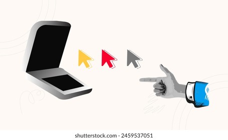 Trendy Laptop with Mouse Cursor and Hand. Points to target. Business development. Click on link . Vector art illustration