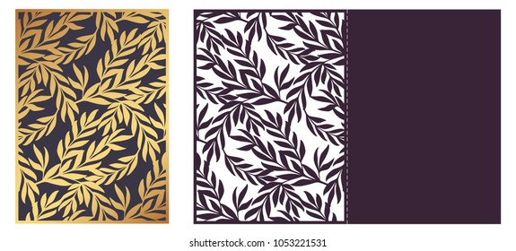 Trendy Laser cut ornamental vector template. Luxury Greeting card, envelope or wedding invitation card template. Die cut paper card with openwork ornament with golden Olive Branches. 