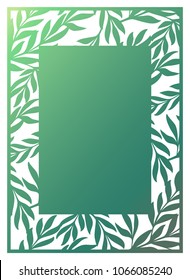 Trendy Laser cut ornamental vector template with openwork border of leaves. Luxury Greeting card, envelope, wedding invitation, decorative element. Die cut paper card with Olive Branches pattern. 