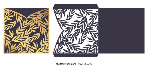 Trendy Laser cut ornamental vector template with openwork pattern of leaves. Luxury Greeting card, envelope, wedding invitation, decorative element. Die cut paper card with Olive Branches pattern. 