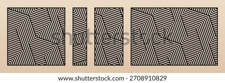 Trendy laser cut panel set. Vector template with abstract geometric pattern, lines, stripes, chevron. Decorative stencil for CNC cutting of wood, metal, plastic, paper. Aspect ratio 1:1, 1:4, 1:2, 3:2