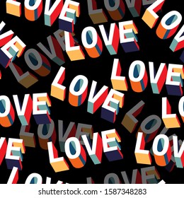 Trendy Layer of Letter LOVE in 3D colorful shadow random repeat seamless pattern in vector EPS10 ,Design for fashion,fabric,web,wallpaper,wrapping and all prints on black background color